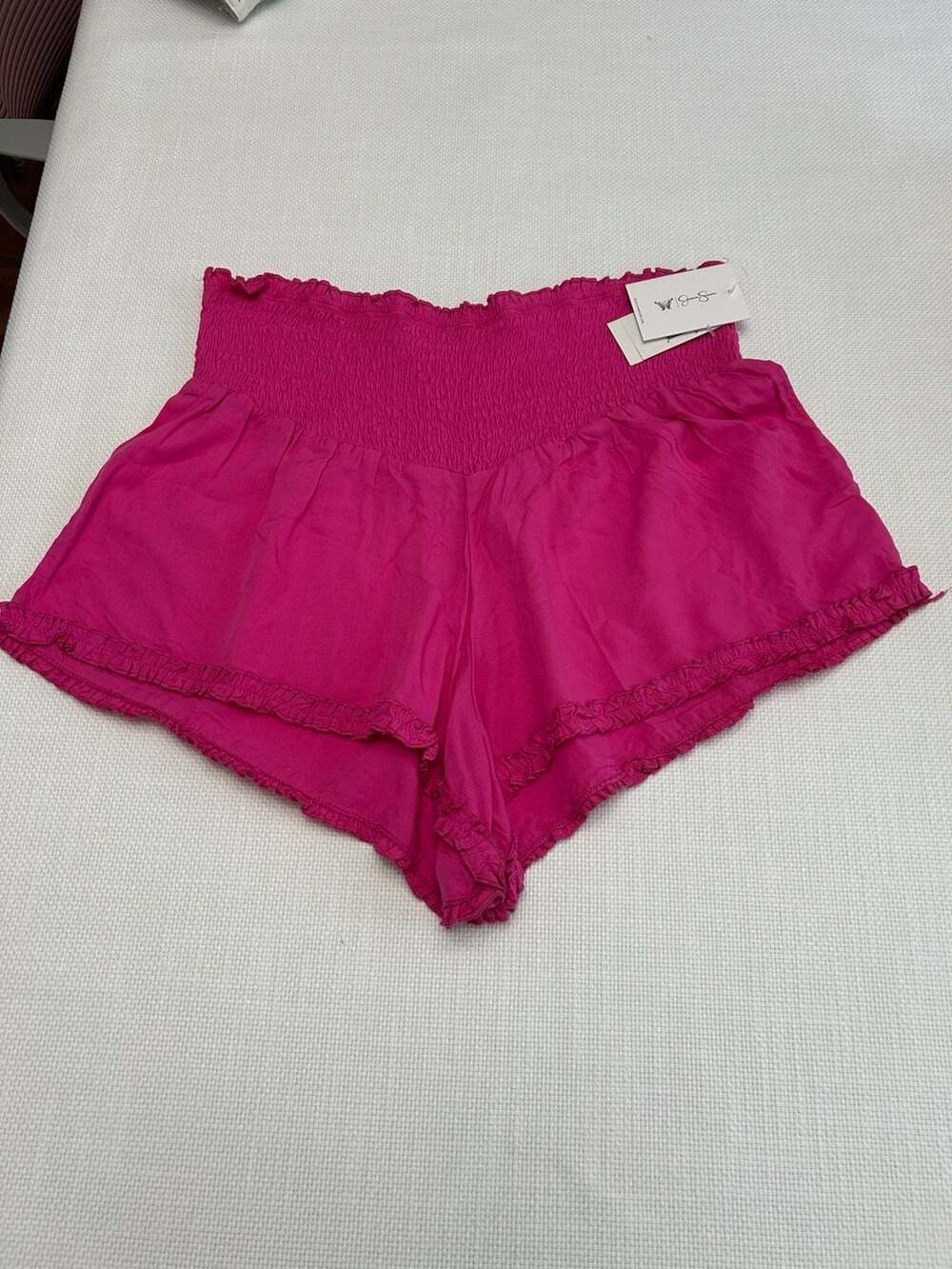 Jessica Simpson Women's Magenta Flame Smocked Waist Ruffle Hem Shorts